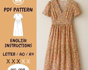 Floral Dress Sewing Pattern PDF – V-Neck Midi Dress with Short Sleeves, Gathered Waist, Summer Cottagecore Dress – Sizes XS–3XL