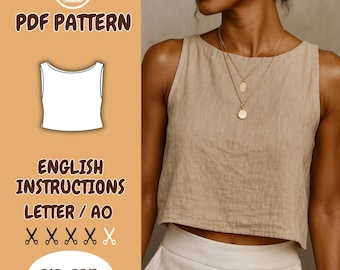 Leinen Crop Top Muster, Tank Bluse, Relaxed Fit, Minimalist, ärmelloses Sommer Crop