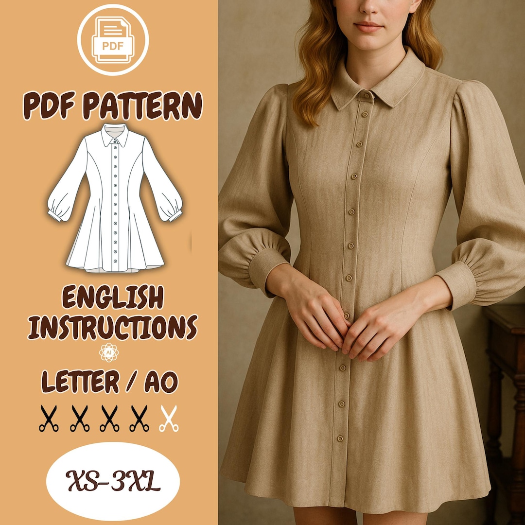 Bishop Sleeve Shirt Dress PDF Sewing Pattern - Button Front, Flare ...