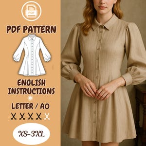 Pode incluir: Um vestido bege com mangas compridas bufantes e uma frente abotoada. A imagem inclui o texto "PDF PATTERN", "ENGLISH INSTRUCTIONS" e "XS-3XL". Um diagrama do vestido também é mostrado. O vestido é de cor neutra.