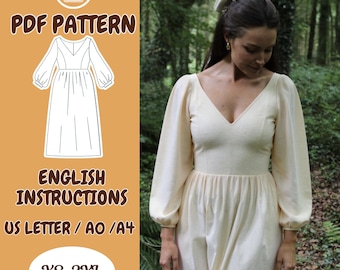 V-Neck Linen Dress Sewing Pattern, Bishop Sleeve Midi PDF