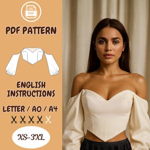 Peut inclure: Un haut crème à épaules dénudées avec de longues manches bouffantes. L'image comprend le texte "PDF Pattern", "English Instructions" et des options de taille de XS à 3XL. Il s'agit d'un patron de couture PDF.