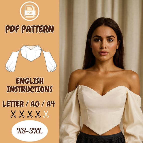 Off Shoulder Corset Top Sewing Pattern: Boned Bustier with Bishop Sleeves (PDF Pattern XS-3XL)
