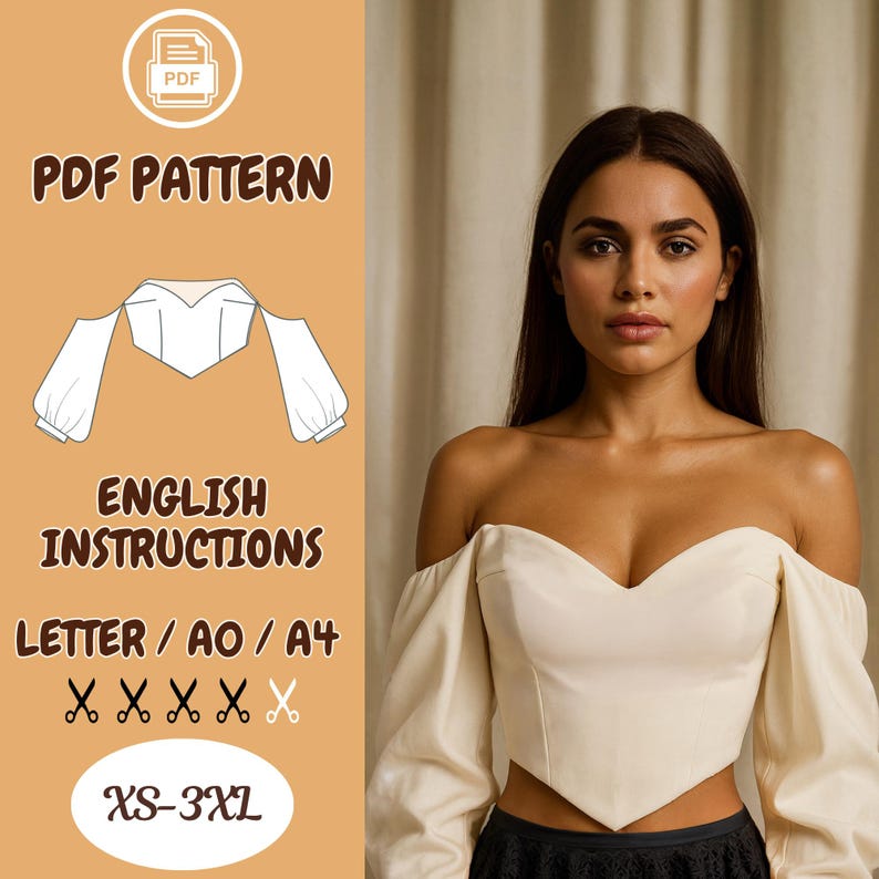 May include: A cream-colored off-the-shoulder top with long, puffy sleeves. The image includes text that reads "PDF Pattern," "English Instructions," and size options from XS to 3XL. The top is a PDF sewing pattern.