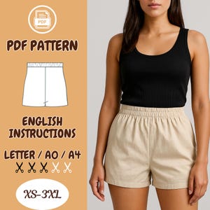 May include: A woman wearing a black ribbed tank top and beige shorts with an elastic waistband. The image also features a PDF pattern graphic with text that reads "PDF PATTERN", "ENGLISH INSTRUCTIONS", "LETTER / AO / A4", and "XS-3XL".