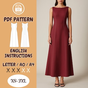 ドレスの縫製パターン PDF | Aラインロングドレス XS-3XL | 英語の説明書 | A0 A4 レターサイズ | ヴィンテージスタイルの縫製パターン | ロングドレス