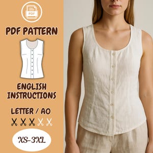 Könnte beinhalten: Ein ärmelloses, cremefarbenes Oberteil mit rundem Ausschnitt und Knopfleiste. Das Bild zeigt auch eine PDF-Mustergrafik mit dem Text "PDF PATTERN", "ENGLISH INSTRUCTIONS", "LETTER / AO" und der Größenangabe "XS-3XL".