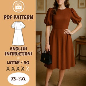 Patrón de costura para vestido de manga corta de obispo (PDF) / Patrón de vestido entallado y con vuelo (XS-3XL) / Vestido midi elegante / Tamaño A0 / Carta / Instrucciones en inglés