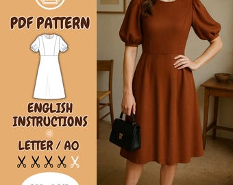 Short Bishop Sleeve Dress Sewing Pattern | Lantern Sleeve |  Elegant | Midi | English Instructions