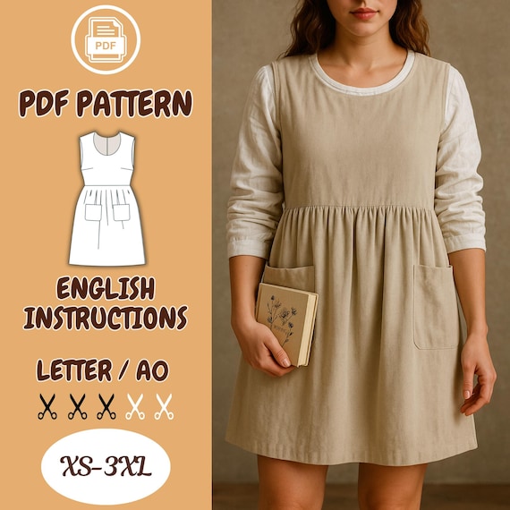 Apron Dress Linen Dress Pattern, Pocket, Poplin, Scoop Neck, Gathered  Waist, Sleeveless, Back Zipper - Etsy