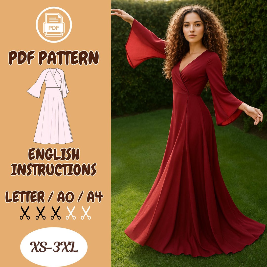 Elegant Maxi Dress Sewing Pattern PDF | Bell Sleeve Wrap | Flared ...