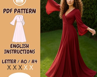 Elegant Long-sleeve Dress Sewing Pattern | Bell Sleeves Maxi Dress PDF |  Sizes XS-5XL US 2-30 | Flared Sleeve Dress | Half Circle Dress - Etsy