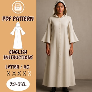 May include: A long, beige hooded coat with bell sleeves and a button-down front. The image includes the text "PDF PATTERN" and "ENGLISH INSTRUCTIONS". The coat is available in sizes XS-3XL. The design is a sewing pattern.