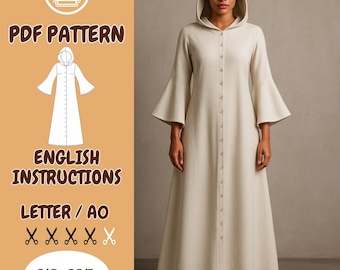 Naaipatroon manteljurk met capuchon | Uitlopende mouw | Maxi-jas | Middeleeuwse heks | Fantasy-cosplaycape