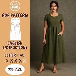 Patrón de costura de vestido de lino en PDF: Vestido midi de verano con cuello barco y bolsillos, tallas XS-3XL, formatos A0 y carta. Patrón de vestido camisero.