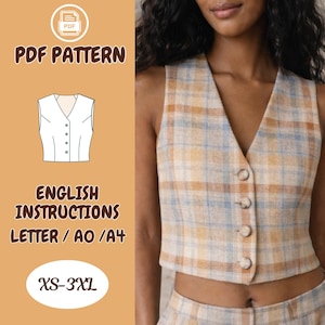 May include: A plaid vest with a V-neck and button closure. The vest is in shades of beige, blue, and orange. The image also includes text that says "PDF Pattern", "English Instructions", and "XS-3XL".