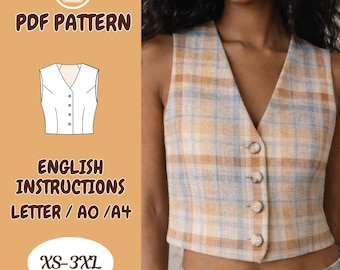 Women's Plaid Vest Sewing Pattern PDF Cropped Button Front, Retro, Vintage, XS 3XL