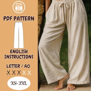 Puede incluir: Pantalones de pierna ancha a rayas beige y blancas con cintura con cordón. La imagen también muestra un patrón PDF con instrucciones en inglés para los pantalones, disponible en tallas XS-3XL.