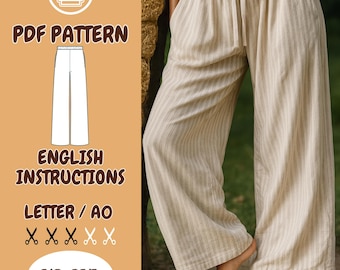 PDF-Muster für Hosen mit weitem Bein, elastische Taille, Lounge, Kordelzughose, minimalistische Leinenkleidung