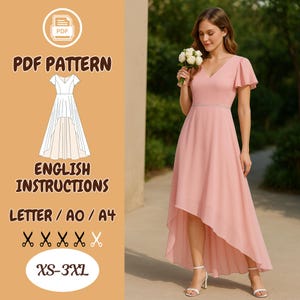 May include: A PDF sewing pattern for a high-low pink dress with a V-neckline and short sleeves. The pattern includes English instructions and is available in sizes XS-3XL. The pattern is printed on letter, A0, or A4 paper.