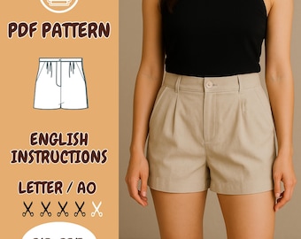Summer Women Pleated Shorts Sewing Pattern – Classic Tailored Fit, PDF Pattern for Women, Digital Download, Short Linen Shorts