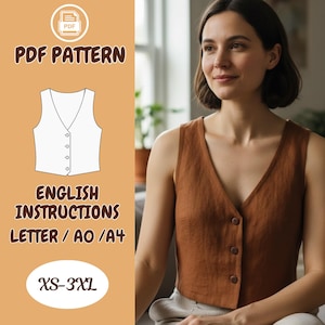 May include: A woman wearing a brown vest with a V-neck and button closure. The image includes a PDF pattern graphic with the text "PDF PATTERN", "ENGLISH INSTRUCTIONS", and "XS-3XL". The vest is sleeveless and appears to be made of a linen-like material.