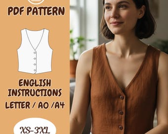 Leinenweste Schnittmuster PDF – Knopfleiste oben, V-Ausschnitt, Vintage, XS–3XL, englische Anleitung