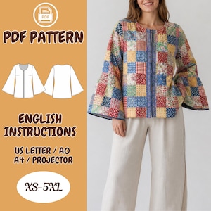 May include: A PDF sewing pattern for a jacket with a patchwork design featuring various floral and geometric prints in red, blue, yellow, and green. The jacket has a round neckline, a front zipper, and wide bell sleeves. Includes English instructions.