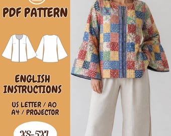 Quilted Patchwork Jacket Sewing Pattern, Zipper PDF, Sizes XS–5XL