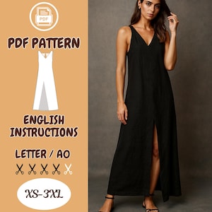 Minimalist V-Neck Dress Sewing Pattern PDF: Sleeveless, Maxi, Front Slit, Linen, Summer, Long, Trapeze