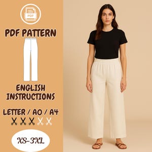 Patrón de costura de pantalones en PDF para mujer, patrón de pantalones con cintura elástica (tallas XS-3XL), archivos de tamaño carta (A0/A4) con guía en inglés, pantalones de lino para mujer.