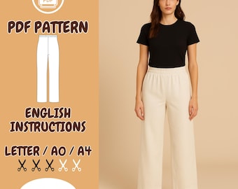 Puede incluir: Un patrón PDF para pantalones de pierna ancha con cintura alta. El patrón incluye instrucciones en inglés y está disponible en tallas XS-3XL. El patrón se imprime en papel carta, A0 o A4.