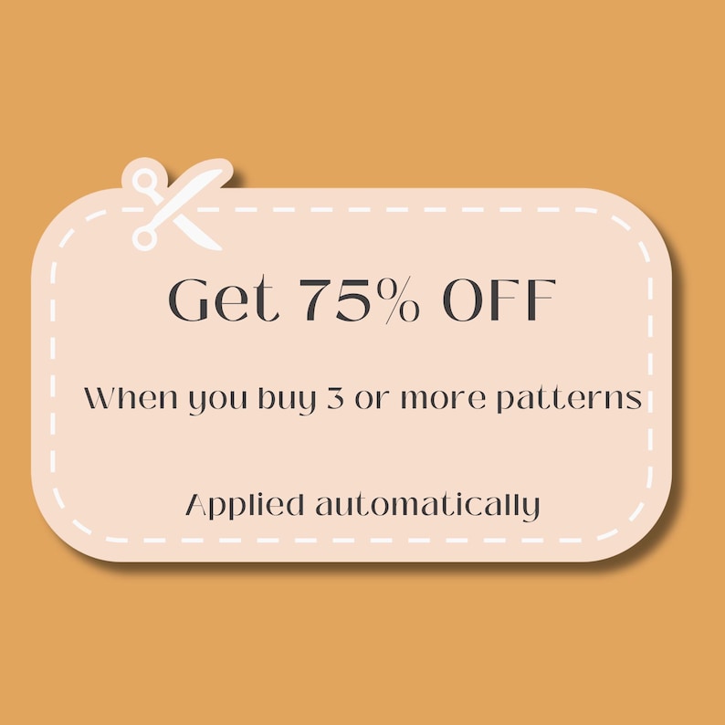 Pode incluir: Gr&aacute;fico em tom p&ecirc;ssego claro com o texto "Get 75% OFF" em negrito e escuro. O texto "When you buy 3 or more patterns" est&aacute; abaixo, e "Applied automatically" na parte inferior.