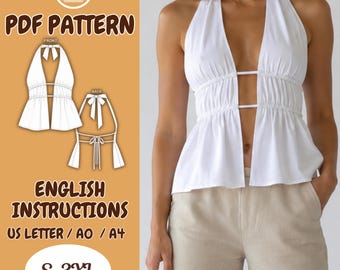 Front tie Top pattern, Backless halter neck, open back, summer bra top