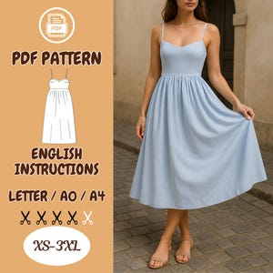 May include: A PDF sewing pattern for a light blue sleeveless dress with a sweetheart neckline and a gathered skirt. The pattern includes English instructions and is available in sizes XS-3XL.
