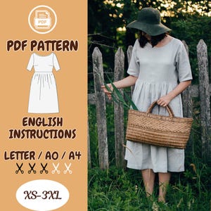 Patrón de costura de vestido de lino en PDF – Patrón de vestido midi estilo cottagecore – Vestido holgado con bolsillos – Tallas A4, A0 y Carta – XS a 3XL