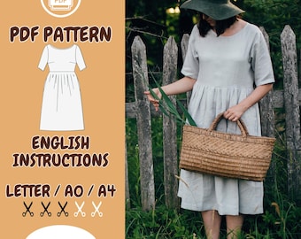 loose linen dress pattern Linen Dress Sewing Pattern PDF V-Neck Tunic Dress Pattern for Beginners, Loose Fit Summer Dress, Simple Minimalist