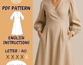 Wrap Dress Sewing Pattern with Bishop Sleeves:  Pockets , Summer Linen , Tea Maxi Pattern