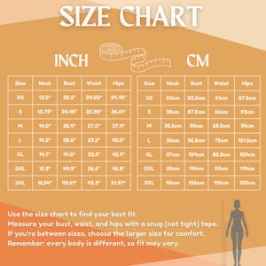 May include: A size chart graphic on a tan background with the text SIZE CHART, INCH, and CM. It features two tables listing measurements for neck, bust, waist, and hips in inches and centimetres for sizes XS to 3XL, with a measuring tape icon.