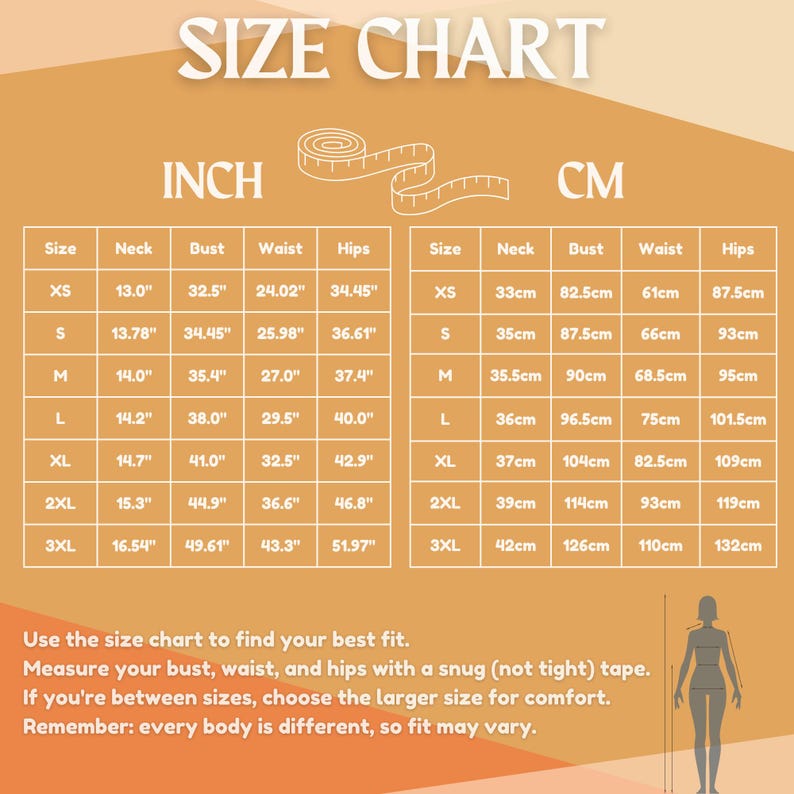 May include: A size chart graphic on a tan background with the text SIZE CHART, INCH, and CM. It features two tables listing measurements for neck, bust, waist, and hips in inches and centimetres for sizes XS to 3XL, with a measuring tape icon.