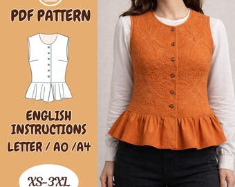 Quilted Peplum Vest with Buttons, Quilt Ruffle Jacket, Sleeveless, Patchwork PDF Sewing Pattern