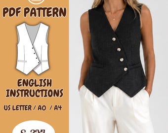 V-neck Sleeveless Irregular Vest, Diagonal Waistcoat, Tailored Top, Buttoned Shirt