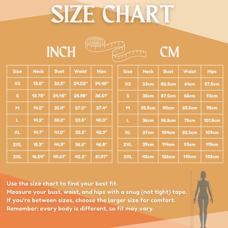 May include: A size chart showing measurements in inches and centimetres. Sizes range from XS to 3XL, detailing neck, bust, waist, and hip measurements. The text advises using a tape measure and choosing the larger size if between sizes for comfort.