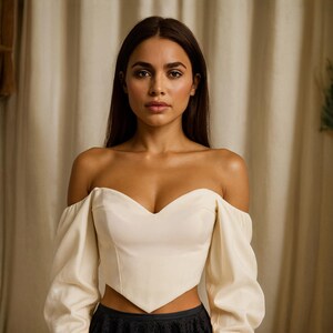 May include: Off-the-shoulder cream-colored top with long sleeves. The top has a sweetheart neckline and a fitted bodice. The model is wearing a black skirt. The background is a neutral color.