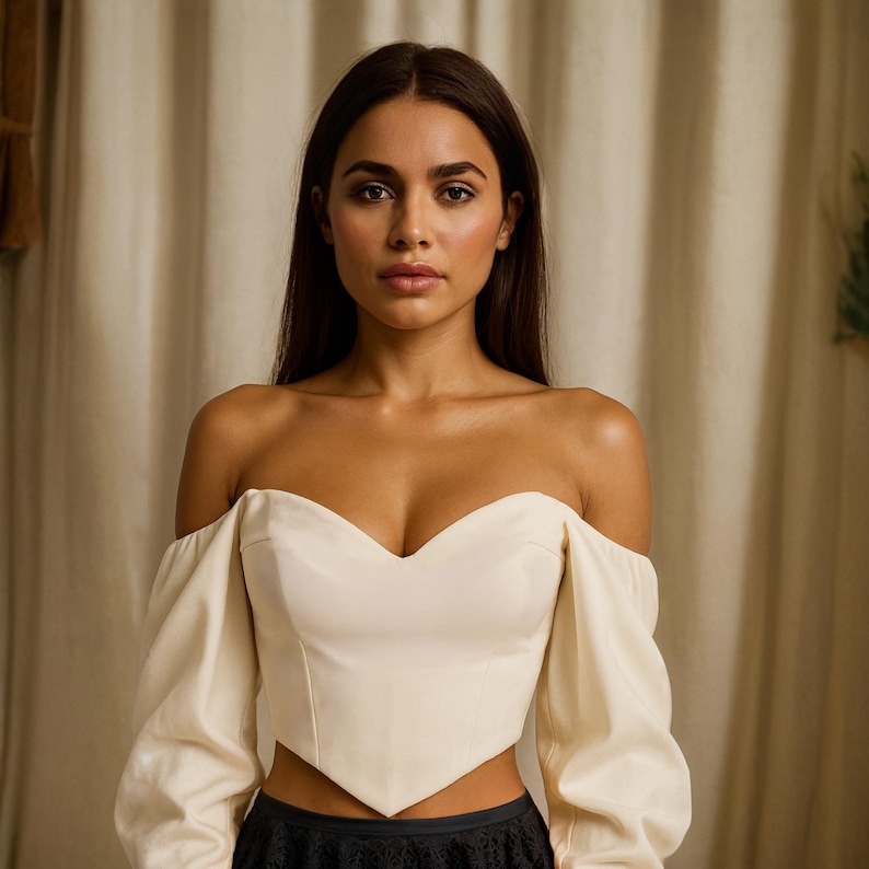 May include: Off-the-shoulder cream-colored top with long sleeves. The top has a sweetheart neckline and a fitted bodice. The model is wearing a black skirt. The background is a neutral color.