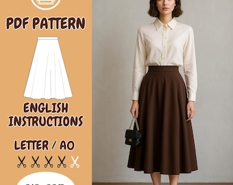 Patron de couture de jupe circulaire classique PDF - Longueur midi, taille haute, style vintage, instructions en anglais