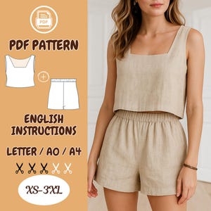 Linen Tank Top and Shorts PDF Sewing Pattern Set for Women XS-3XL, Summer Two Piece Loungewear with English Instructions A4 US Letter