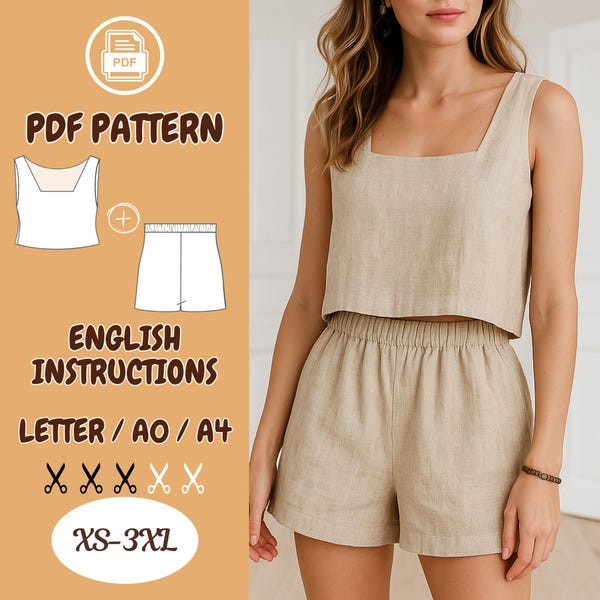 Conjunto de top y shorts de lino con patrón de costura en PDF, conjunto de dos piezas para estar cómoda en casa este verano.