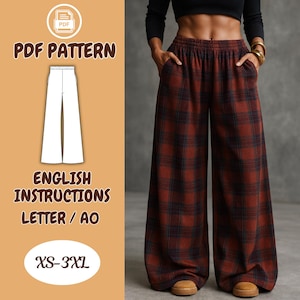 May include: A PDF pattern for wide-leg pants with English instructions. The pants are a plaid pattern in shades of brown and black. The pattern includes sizes XS-3XL. The image also shows a person wearing the pants.