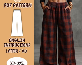Puede incluir: Un patrón PDF para pantalones de pierna ancha con instrucciones en inglés. Los pantalones tienen un estampado de cuadros en tonos marrones y negros. El patrón incluye tallas XS-3XL. La imagen también muestra a una persona usando los pantalones.